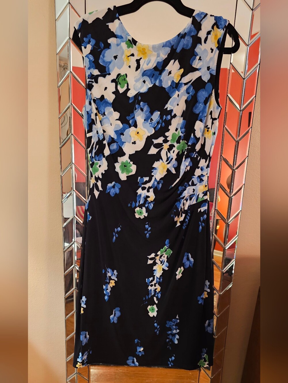 Ralph Lauren Black Midi Dress with Blue, White & Green Floral Print - Picture 4 of 4